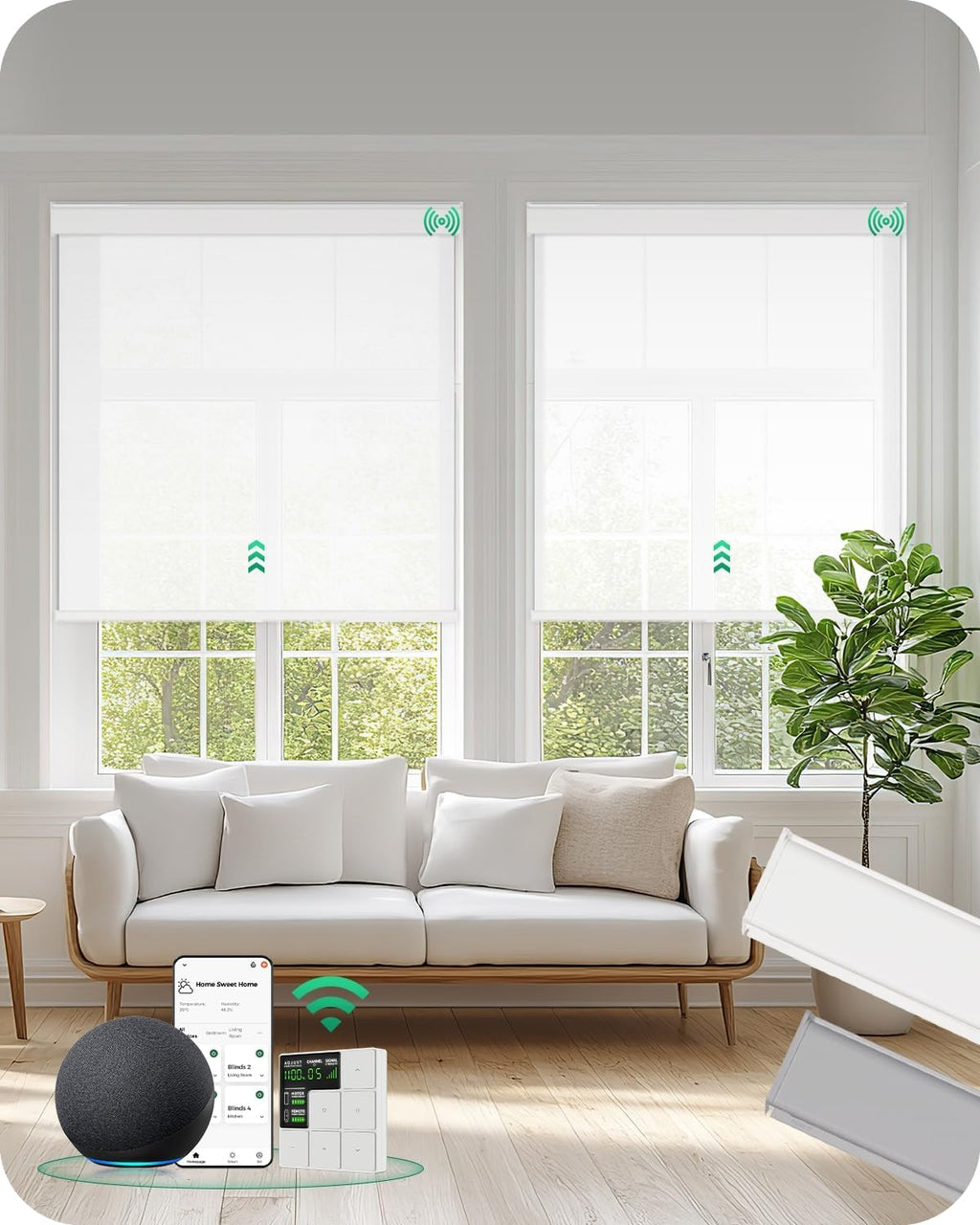 Allesin Motorized Roller Blinds – Rechargeable Smart Shades with Remote & Quiet Motor, Top/Bottom Aluminum Rails, Alexa-Compatible for Window (Custom Size, Light Filtering Seashell-Textured)