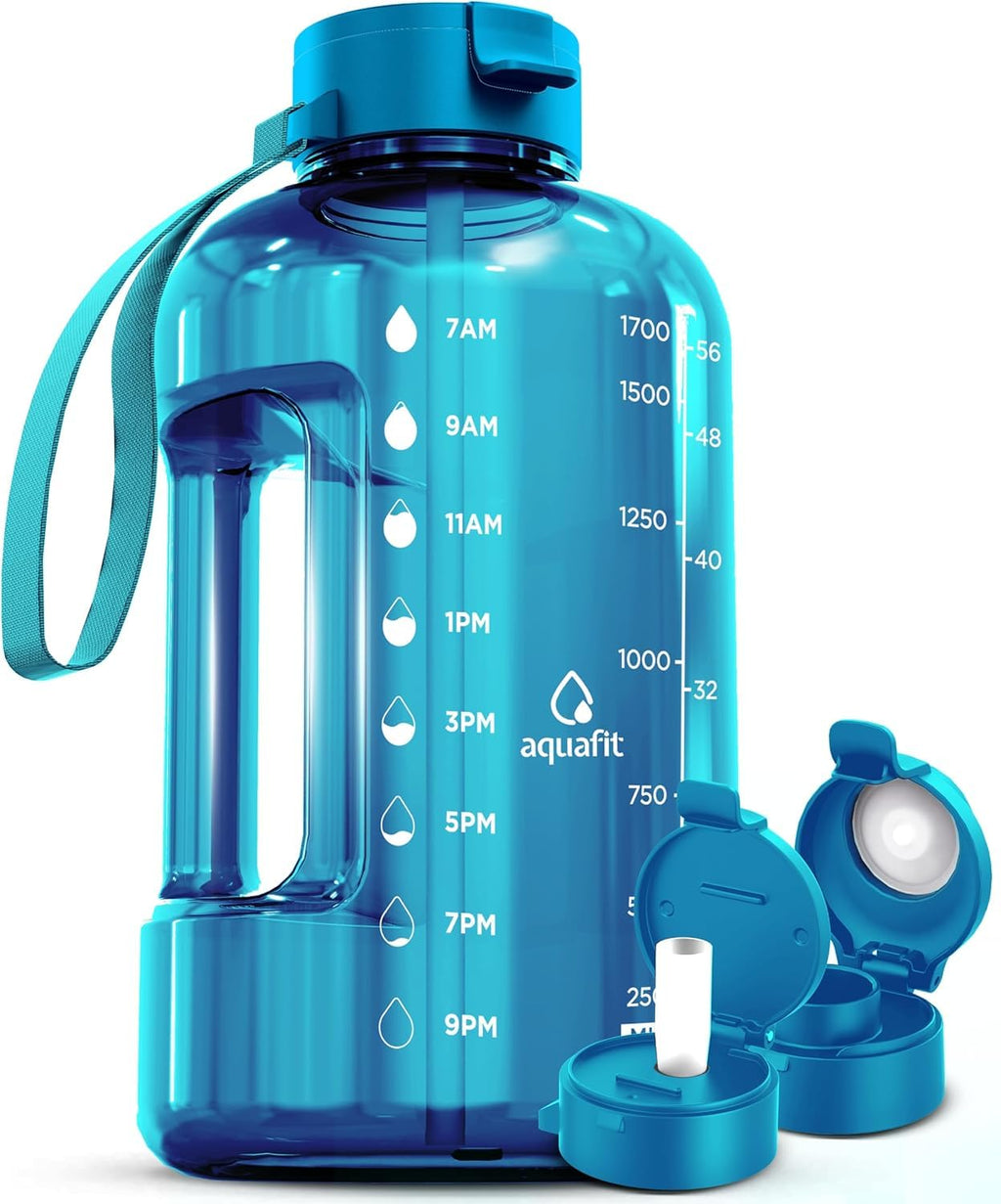 AQUAFIT 64 oz Water Bottle with Time Marker - Straw & Chug Lid - BPA Free Half Gallon Gym Water Bottle with Handle - Big Gallon Jug (Aqua, 64 Ounces)