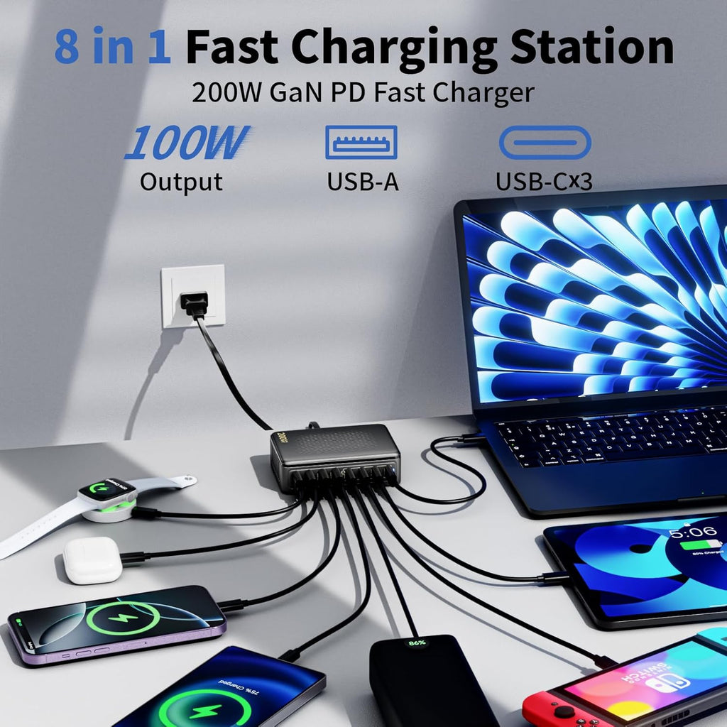 USB C Charger Block, 200W GaN 8 Port USBC Charging Station USB Hub Block Cube with PD3.0 Type C & USB A Wall Charger Power Adapter for Multiple Devices Apple iPhone 17/16/15,MacBook Pro/Air,iPad-Black