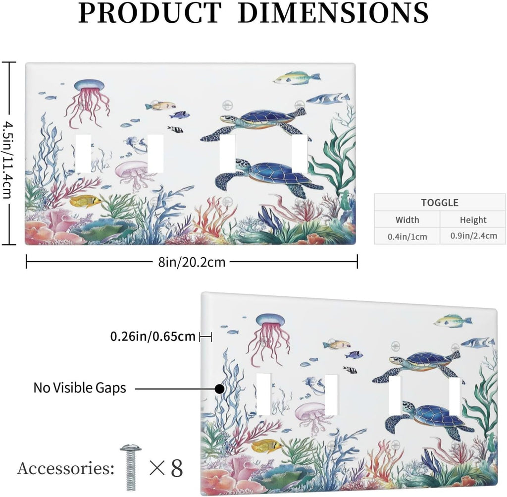 Blue Sea Turtle Ocean Fish Octopus Coral Light Switch Covers Quad Toggle Electrical Faceplate 4 Gang Wall Plate Decorative Switch Plates For Bathroom Kids Room Decor