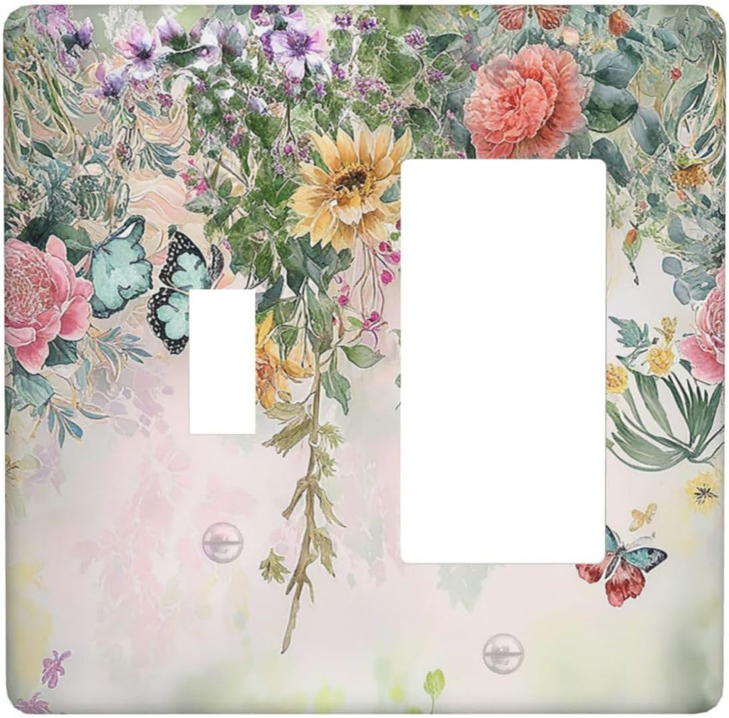 Rustic Floral Watercolor Flower Blossom Butterfly 2 Gang Combo 1 Toggle 1 Rcoker Light Switch Covers Decorative Switch Plates Electrical Switch Plates and Outlet Covers for Home Art Decor 4.5 X 4.5 IN