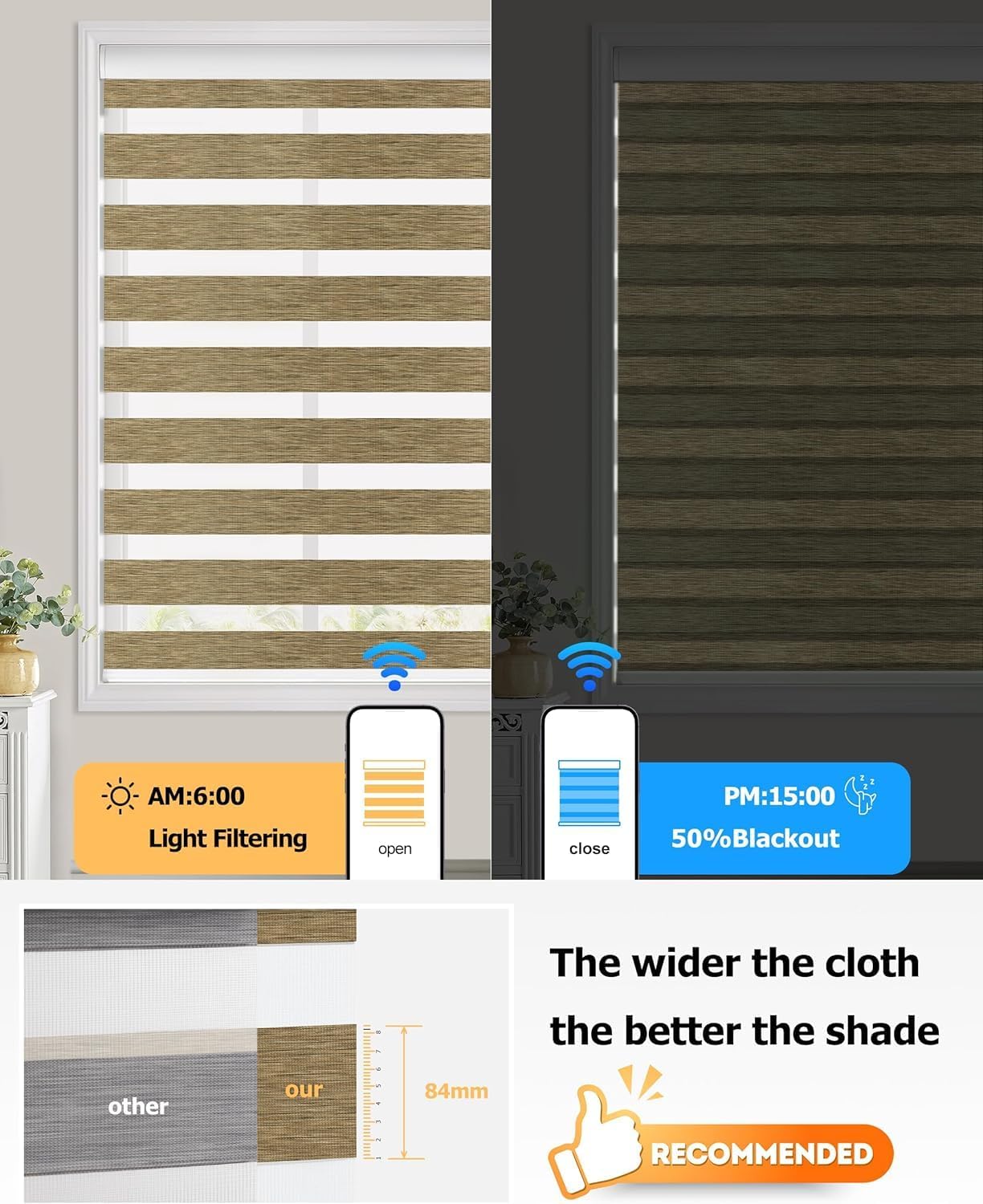 LazBlinds Motorized Zebra Roller Shades, Rechargeable Smart Blinds with Remote Control, Custom Size Light Filtering Dual Layer Roller Sheer Shades, Coffee Linen