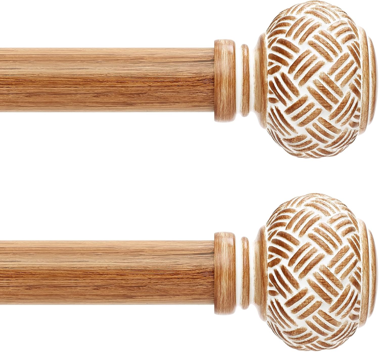 2 Pack Wood Curtain Rods for Windows 28 to 48 Inches, Decorative 1'' Diameter Heavy Duty Adjustable Rustic Farmhouse Drapery Pole with Boho Imitation Wooden Grain Finials, Size: 30''-60'', Brown