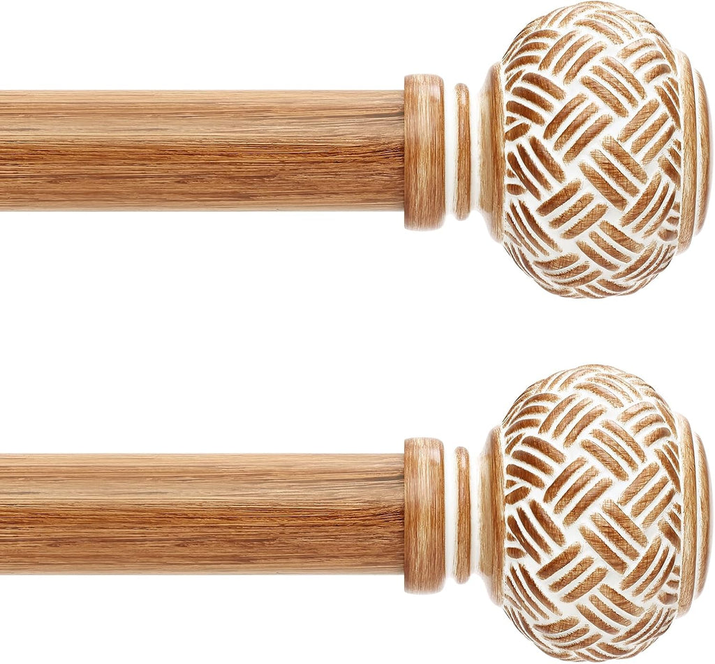 2 Pack Wood Curtain Rods for Windows 48 to 84 Inches, Decorative 1'' Diameter Heavy Duty Adjustable Rustic Farmhouse Drapery Pole with Boho Imitation Wooden Grain Finials, Size: 30''-88'', Brown