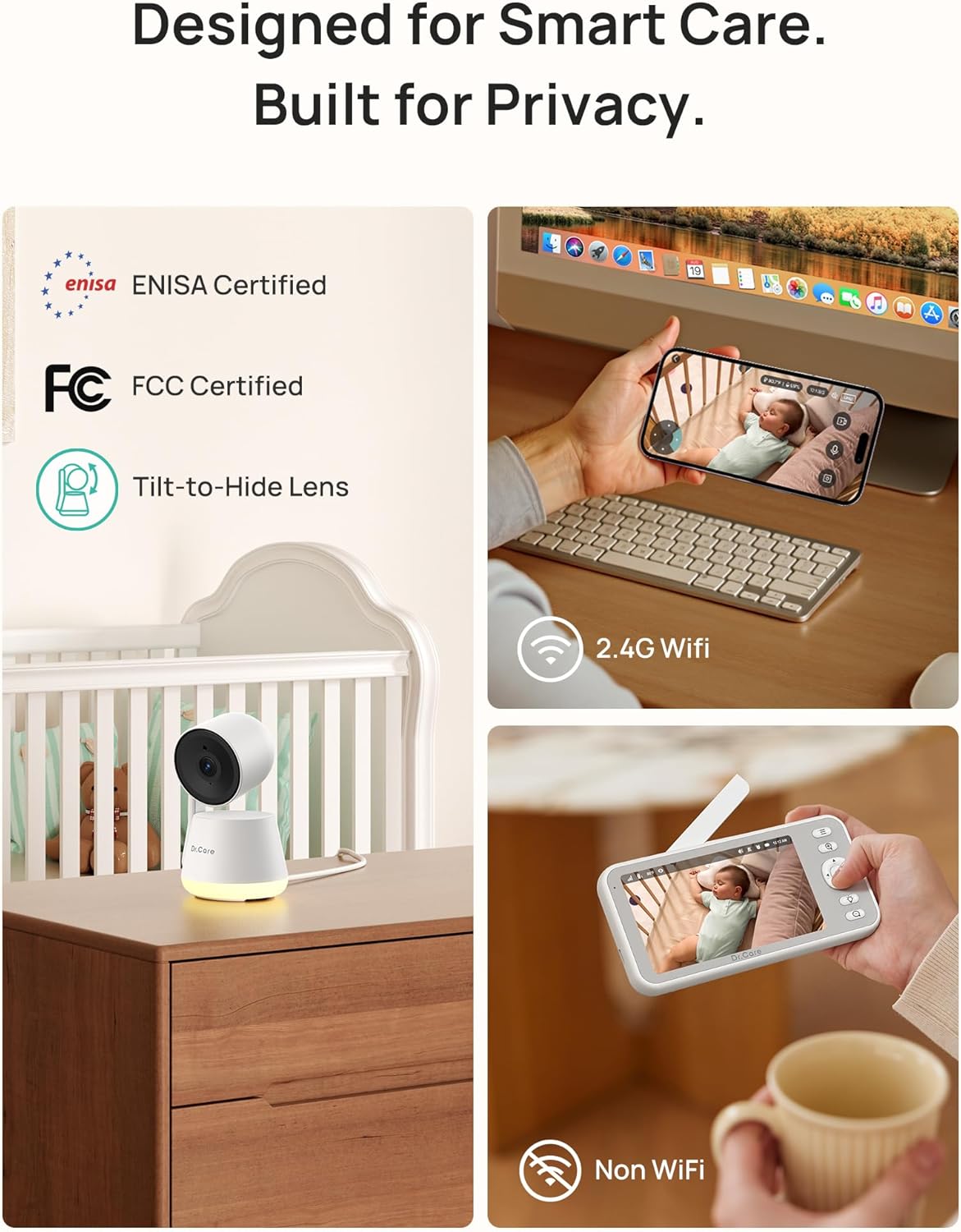 Dr.Care LumiView Smart WiFi Baby Monitor - 5" 1080P FHD & 2K Camera App Control, Privacy Mode, 5000mAh Removable Battery,Cry & Motion Alerts, HD Night Vision, RGB Night Light, Multi-User, 1279ft Range