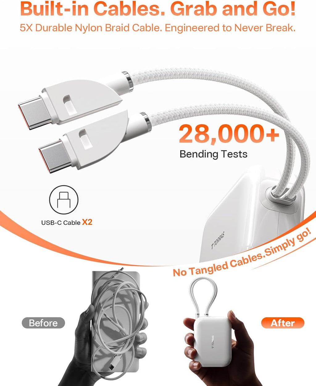 TORRAS 45W Portable Charger, Smallest 10000mAh Power Bank with Built in USB-C Cable, Fast Charging USB C in&Out Battery Pack, Travel Phone Charger for iPhone Air/17/16/15 Series, Samsung, iPad etc