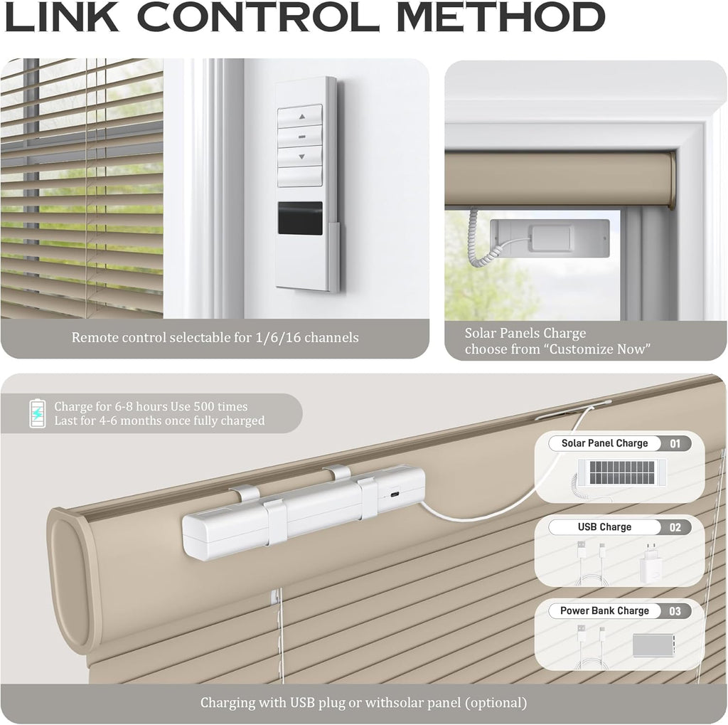 Motorized Cordless Aluminum Blinds with Remote, Automatic Room Darkening Horizontal Blinds for Indoor Windows, Light Adjustment Waterproof Blinds, Customized for Home, Office, Khaki