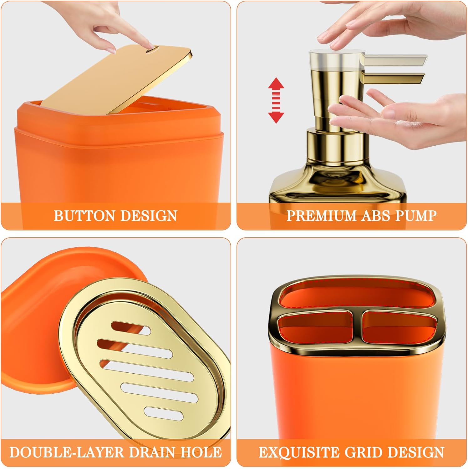 Bathroom Set - Bathroom Sets with Shower Curtain and Rugs, Bathroom Accessory Set, Orange Bathroom Accessories Set with Trash Can, Toilet Brush and Soap Dispensers