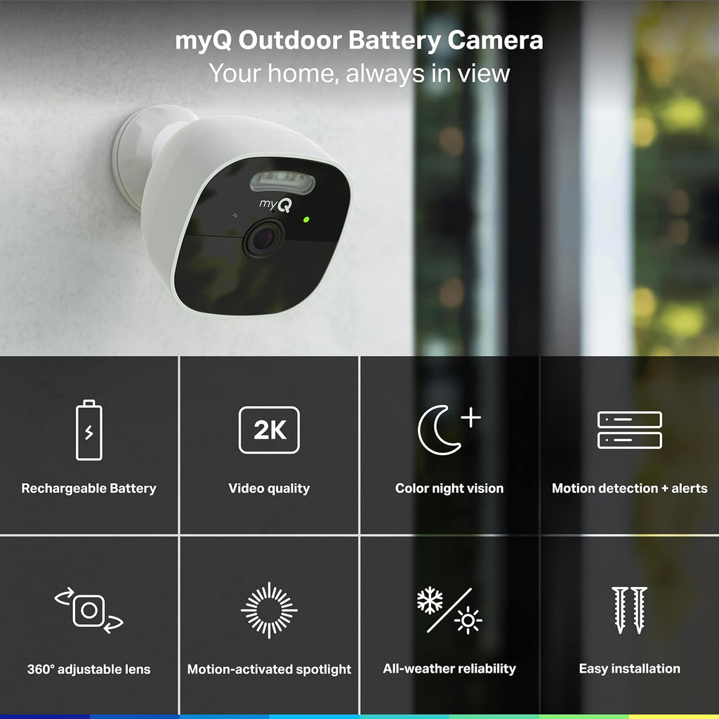 Chamberlain myQ Outdoor Battery Camera | 2K Camera, Color Night Vision, Spotlight, Motion Alerts, Live View with Two-Way Talk, Wireless, Weather-Resistant, Outdoor, White