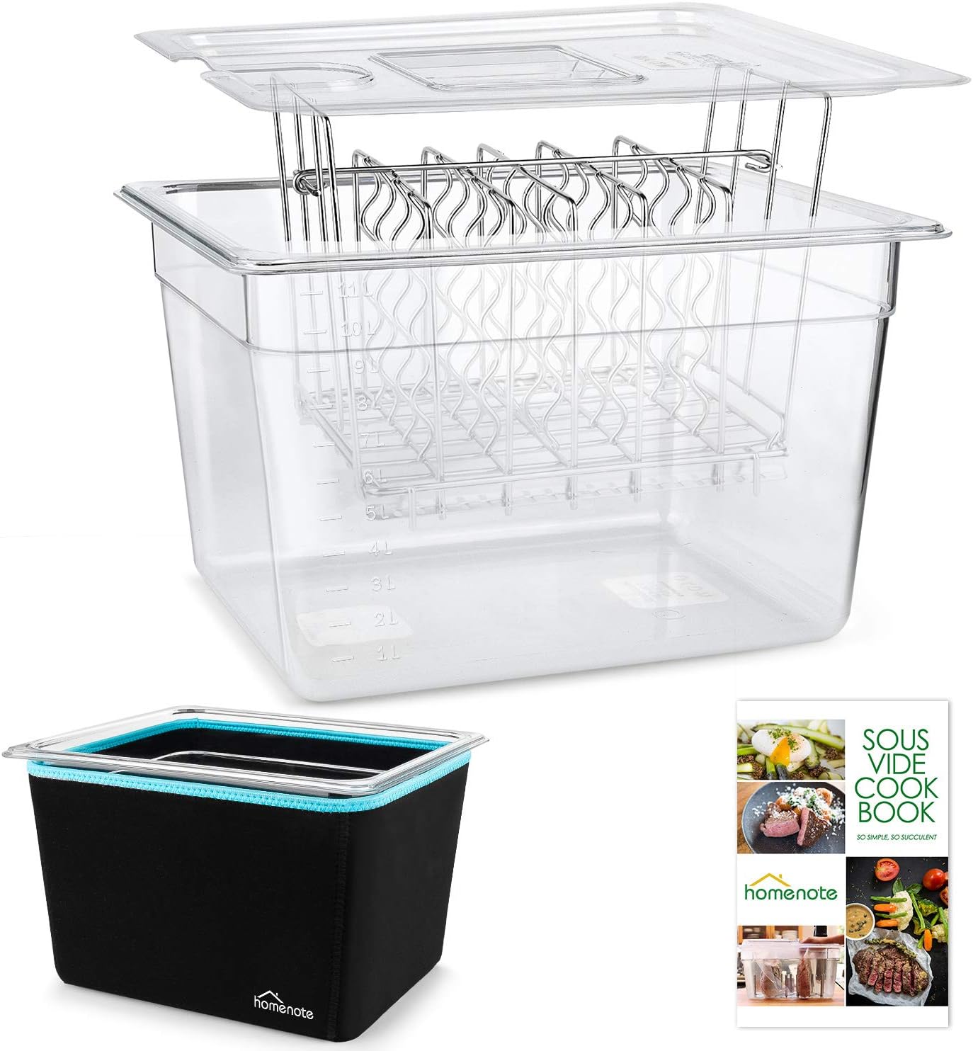 HOMENOTE Container 12 Quart with Lid & Rack and Sleeve - BPA Free Complete Sous Vide Accessories Kit with Cookbook For Anova and Most Sous Vide Cookers