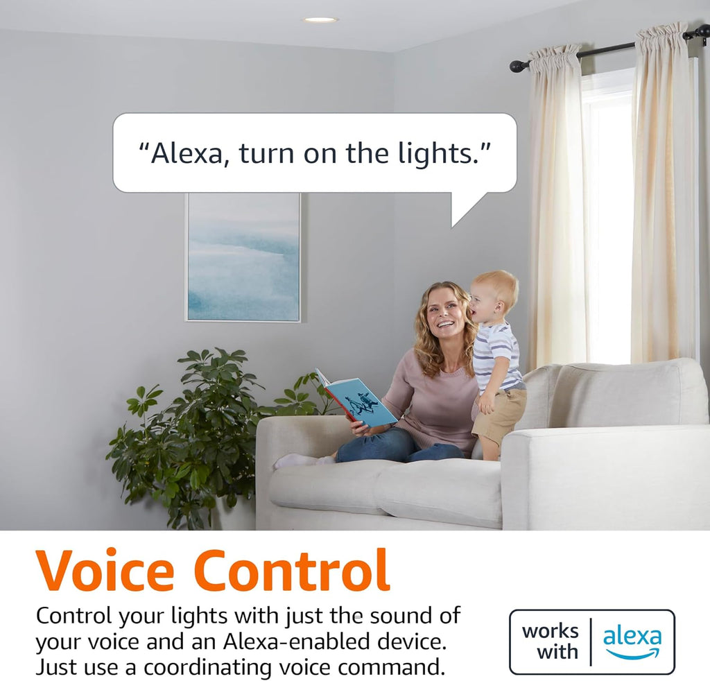 Amazon Basics Smart BR30 LED Light Bulb, Dimmable Soft White (2700K), 9W (60W Equivalent), 800LM, Works with Alexa Only, 2.4 GHz Wi-Fi, No Hub Required, 4 Pack