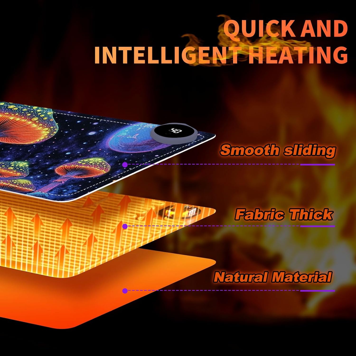 Heated Mouse Pad 31.5x13 in 3-Temp Fast Heating Desk Mat with Auto Timer Warmer for Hands Wrist Pain Relief Waterproof Keyboard Mat for Office, Gaming, Home, Mushroom Galaxy Art