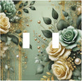 Decorative Light Switch Cover Plate Rustic Green Floral Leaves Teal Flowers Gold Stripe 2 Gang Wall Plate Oversized Double Toggle Two Switch Wall Cover Plate Device Faceplate