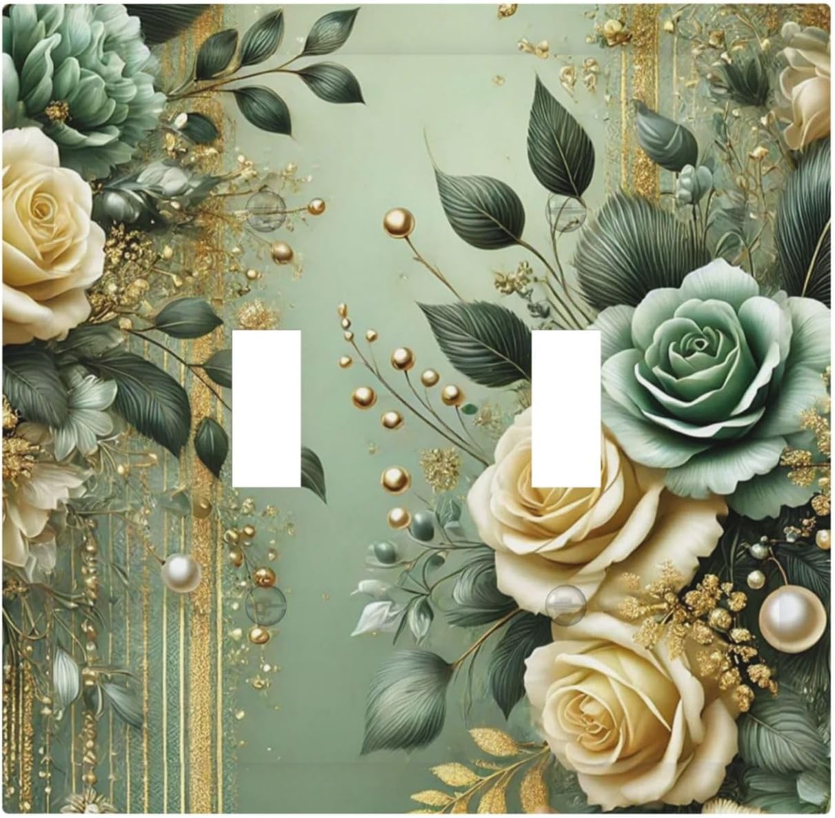 Decorative Light Switch Cover Plate Rustic Green Floral Leaves Teal Flowers Gold Stripe 2 Gang Wall Plate Oversized Double Toggle Two Switch Wall Cover Plate Device Faceplate