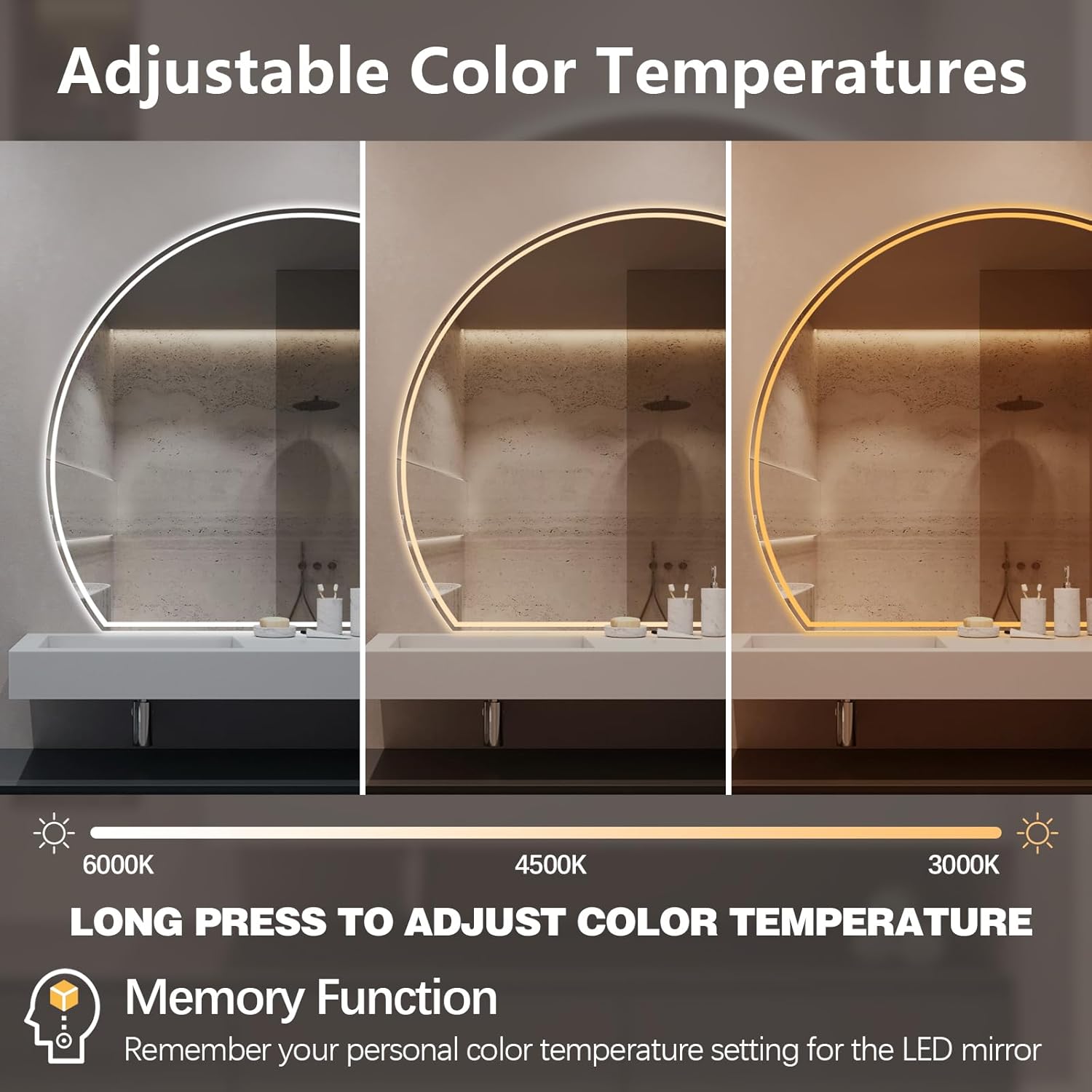 Niccy Half Moon Led Mirror for Bathroom, 44" Semi Round Backlit Mirror for Wall Lighted Mirror with Frameless 3 Color, Defogger, Explosion-Proof, HD Glass and IP65 Vanity Mirror