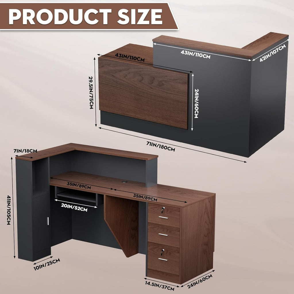 L-Shaped Modern Reception Desk with Counter & Storage - 71" Large Office Front Desk, Salon Checkout Counter with Lockable Cabinets, Shelves(Brown & Black, Right - 71''L x 34''W x 41''H)