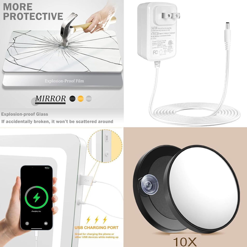 Makeup Vanity Mirror with USB Charging Port 28" x 22" Large LED Makeup Mirror, Desk Mirorr with Lights, Light up Mirror with 10X Magnification and, Dimmable 3 Modes, Touch Gold