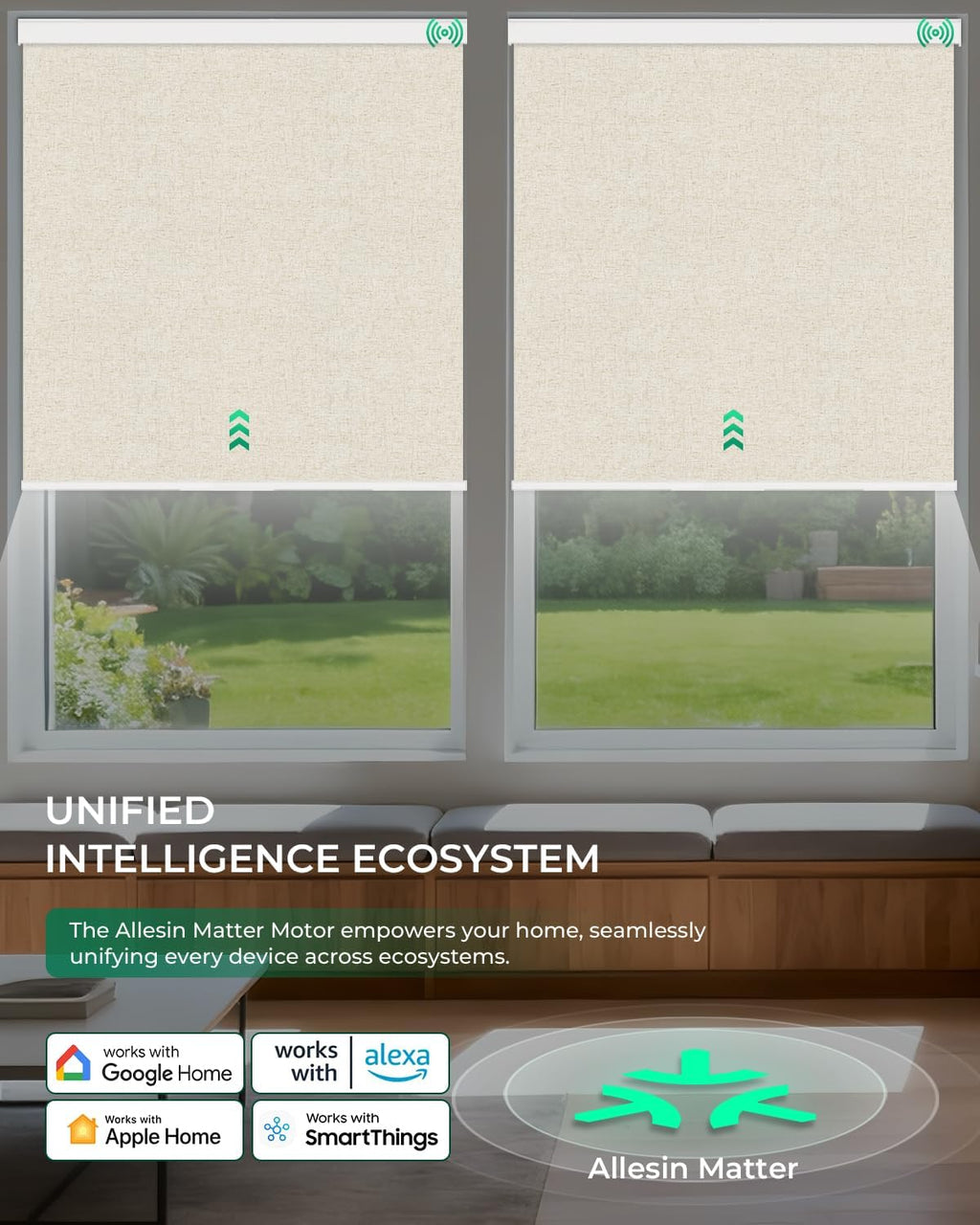 Allesin Motorized Roller Blinds – Rechargeable Smart Shades with Remote & Quiet Motor, Top/Bottom Aluminum Rails, Alexa-Compatible for Window (Custom Size, 100% Blackout Sand-Linen)