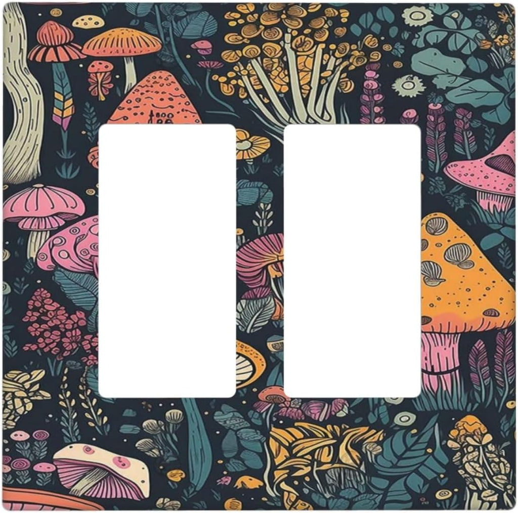 Decorative Outlet Covers Cartoon Comics Colorful Mushrooms 2 Gang Wall Plate Double Rocker Two Switch Wall Cover Plate Light Switch Cover Plate Faceplate for Country Bedroom Decor