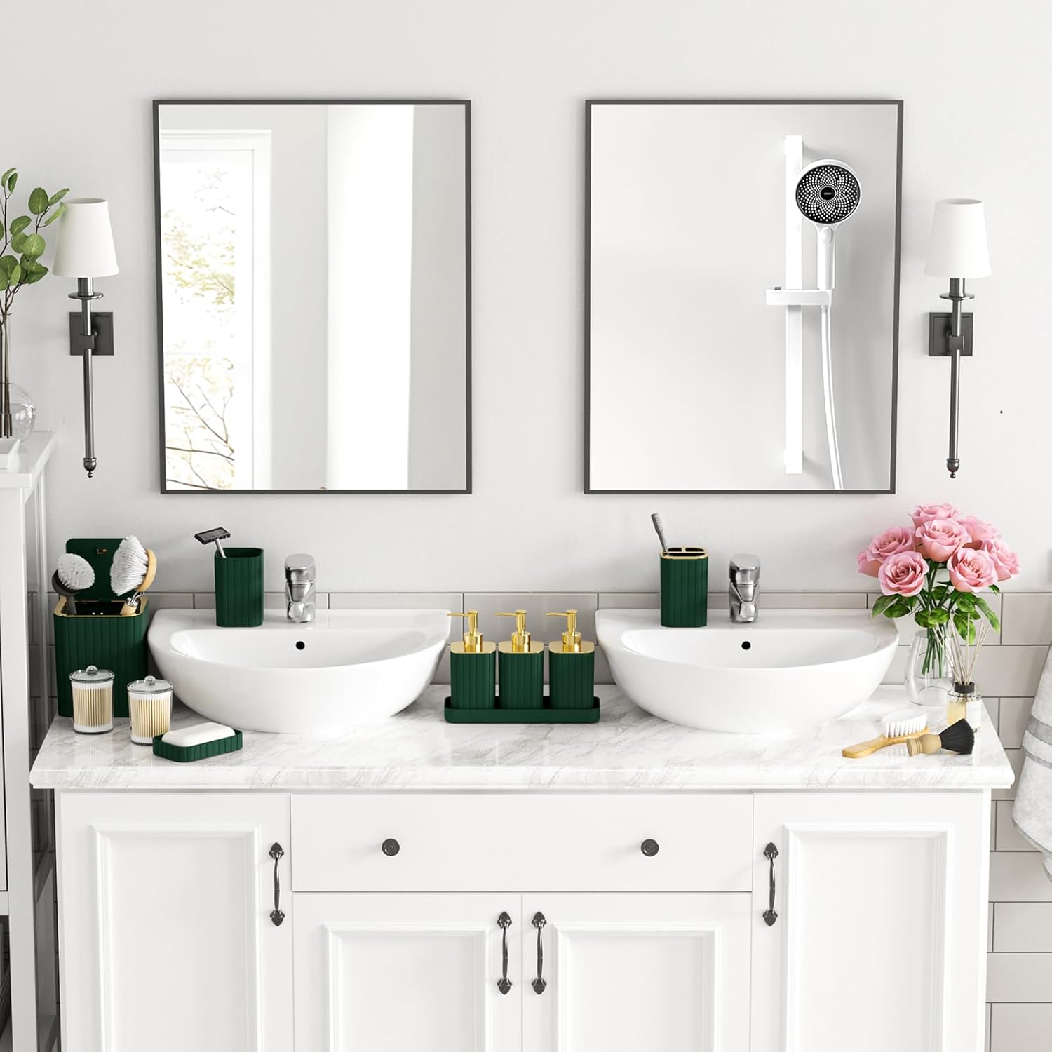 Bathroom Accessory Set - Bathroom Set, 12PC Bathroom Accessories Set, Dark Green Bathroom Accessories Set, Mini Trash Can, Toilet Brush, Trash Can & Soap Dispenser