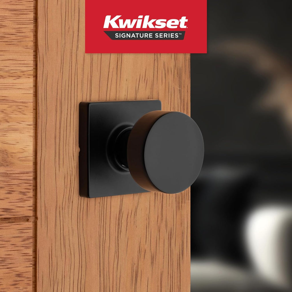 Kwikset Pismo Interior Passage Door Knob, Handle for Closet and Hallway Doors, Non-Locking Doorknob in Matte Black, with Microban Protection, Square Rose (Pack of 10)