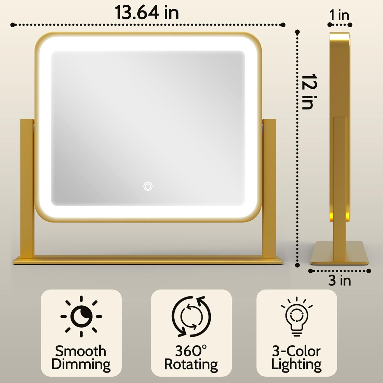 ROLOVE Gold Lighted Makeup Mirror, 14"x12" Vanity Mirror with Smart Touch Control, 3-Color Dimmable Lighting, 360° Rotation for Desk or Bedroom