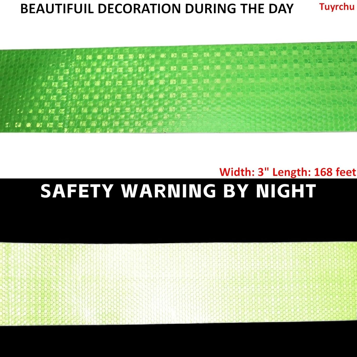 Green Reflective Tape Outdoor Waterproof 3 inch Wide, High Visibility Warning Industrial Marking Tape, Safety Stickers (168 feet)