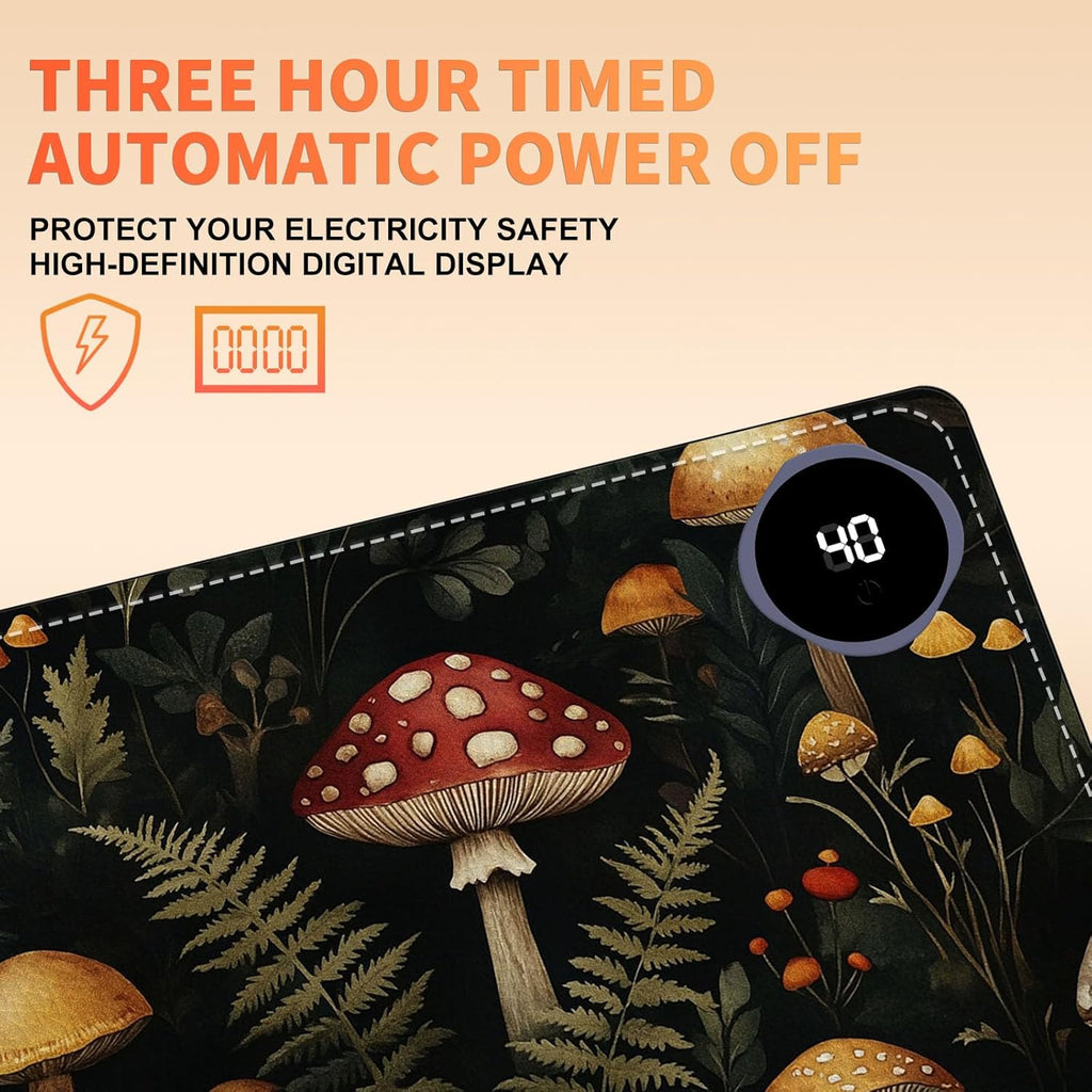 Heated Mouse Pad 23.6 x 14 in 3-Temp Fast Heating Desk Mat with Auto Timer Warmer for Hands Wrist Pain Relief Waterproof Keyboard Mat for Office, Gaming, Home, Mushroom Forest