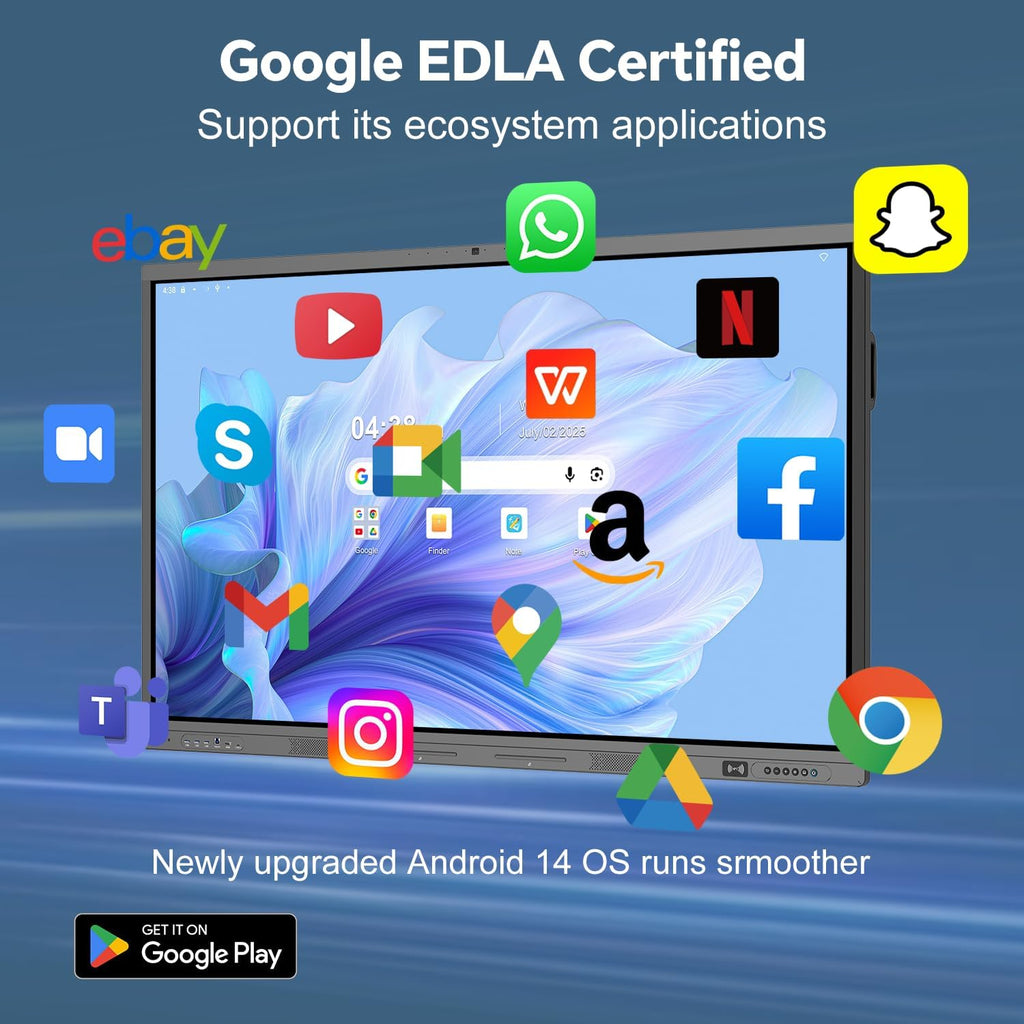 86" Smart Board, 4K Digital Whiteboard for Office, Hybrid Work & Classrooms, Google EDLA-Certified Interactive Whiteboard with Android 14, OTA Updates & Open Apps Ecosystem, 8+128GB Storage