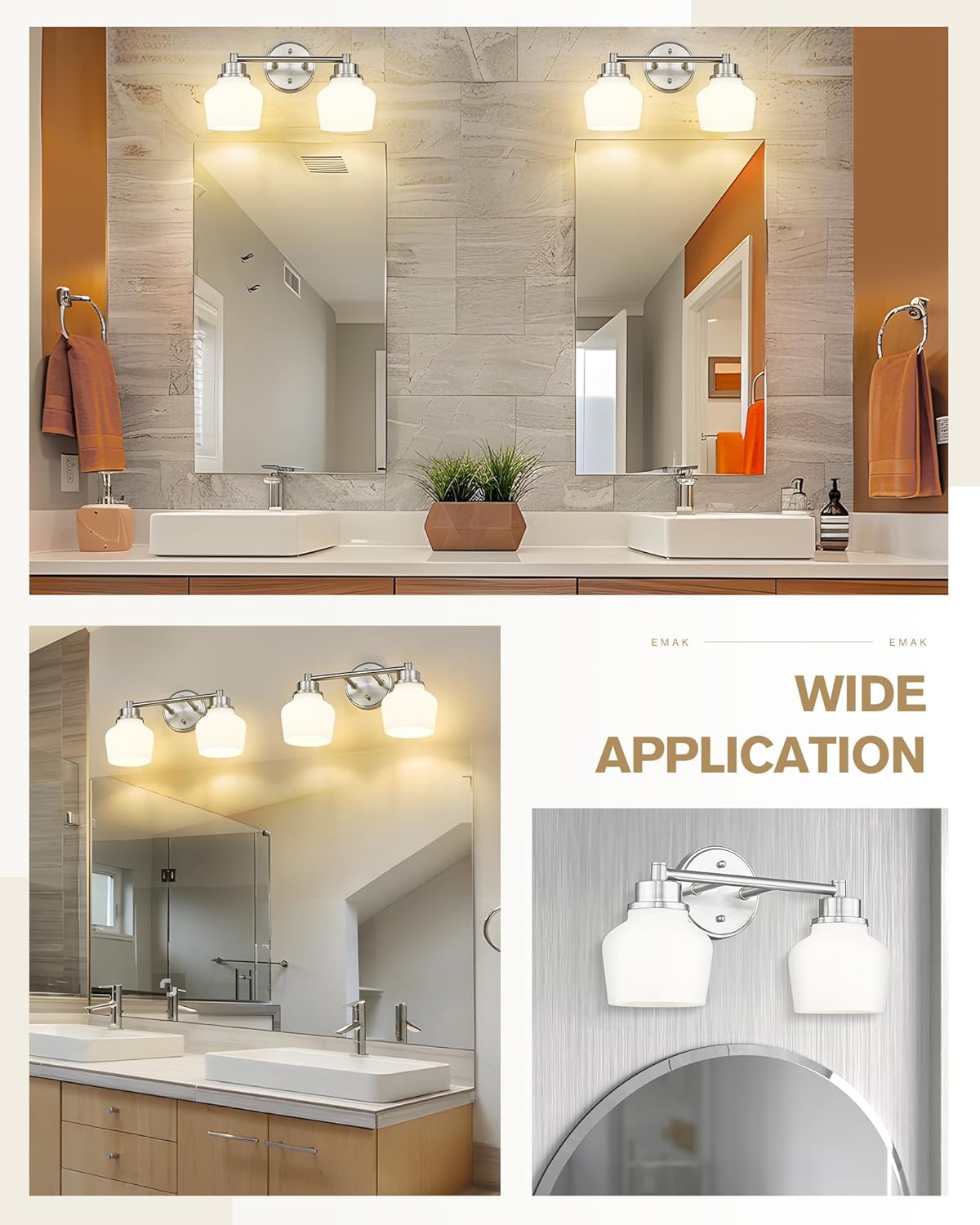 Emak Brushed Nickel Bathroom Light Fixtures, 2-Light Bathroom Vanity Light with Milk Glass Shade, Modern Vanity Lights for Bathroom, Mirror, VL122-BN-ML-2