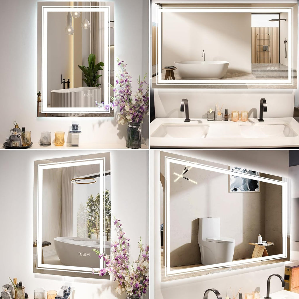 24x36 LED Mirror for Bathroom with Front and Backlit Light Up Digital Mirrors for Wall,Anti Fog,Stepless Dimmable,Tempered Silver Glass Smart Vanity Mirror for Bathroom