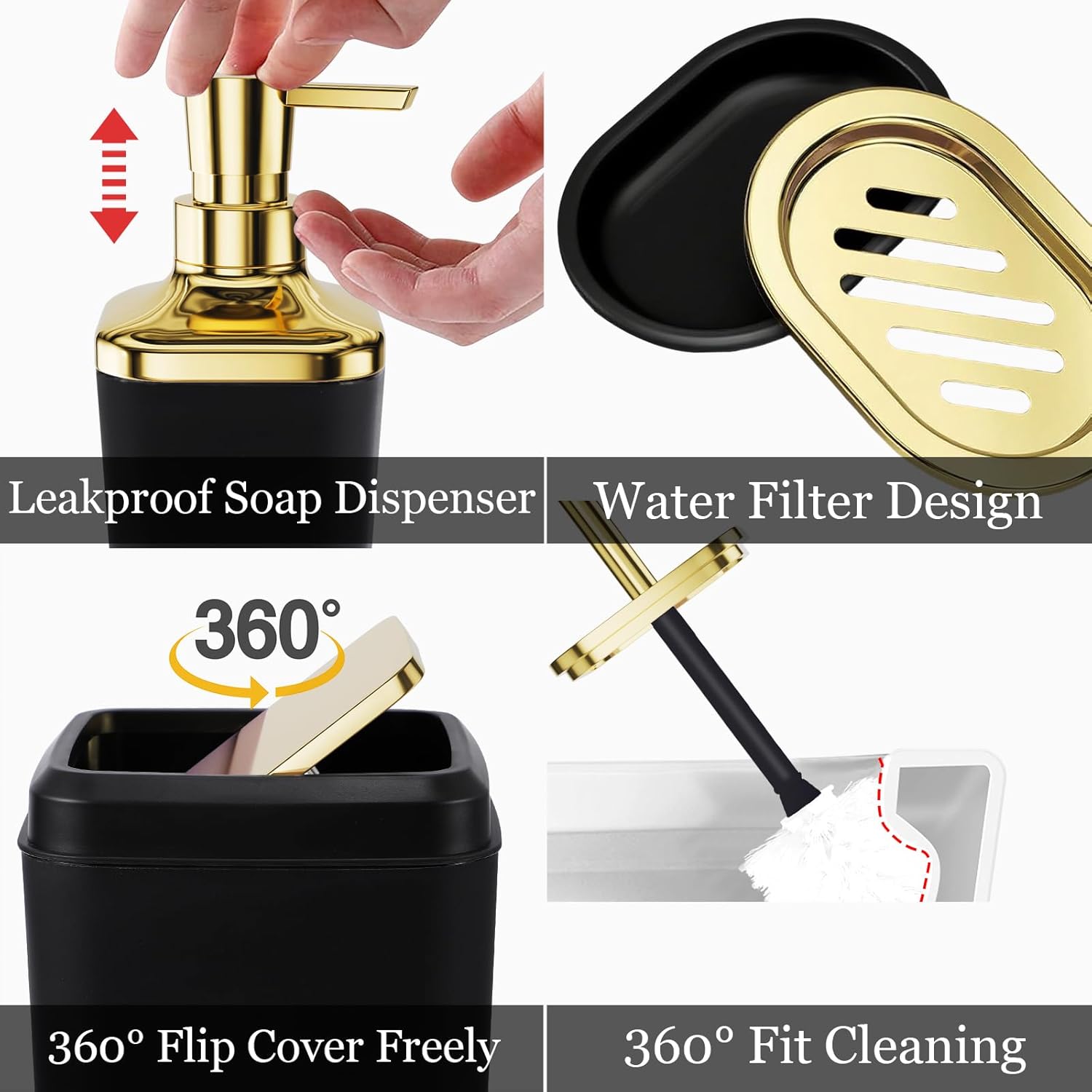 Bathroom Set - Black and Gold Bathroom Accessories, Bathroom Sets with Shower Curtain and Rugs, Black Shower Curtain Set with Bathroom Trash Can, Soap Dispenser, Soap Dish for Home Decor