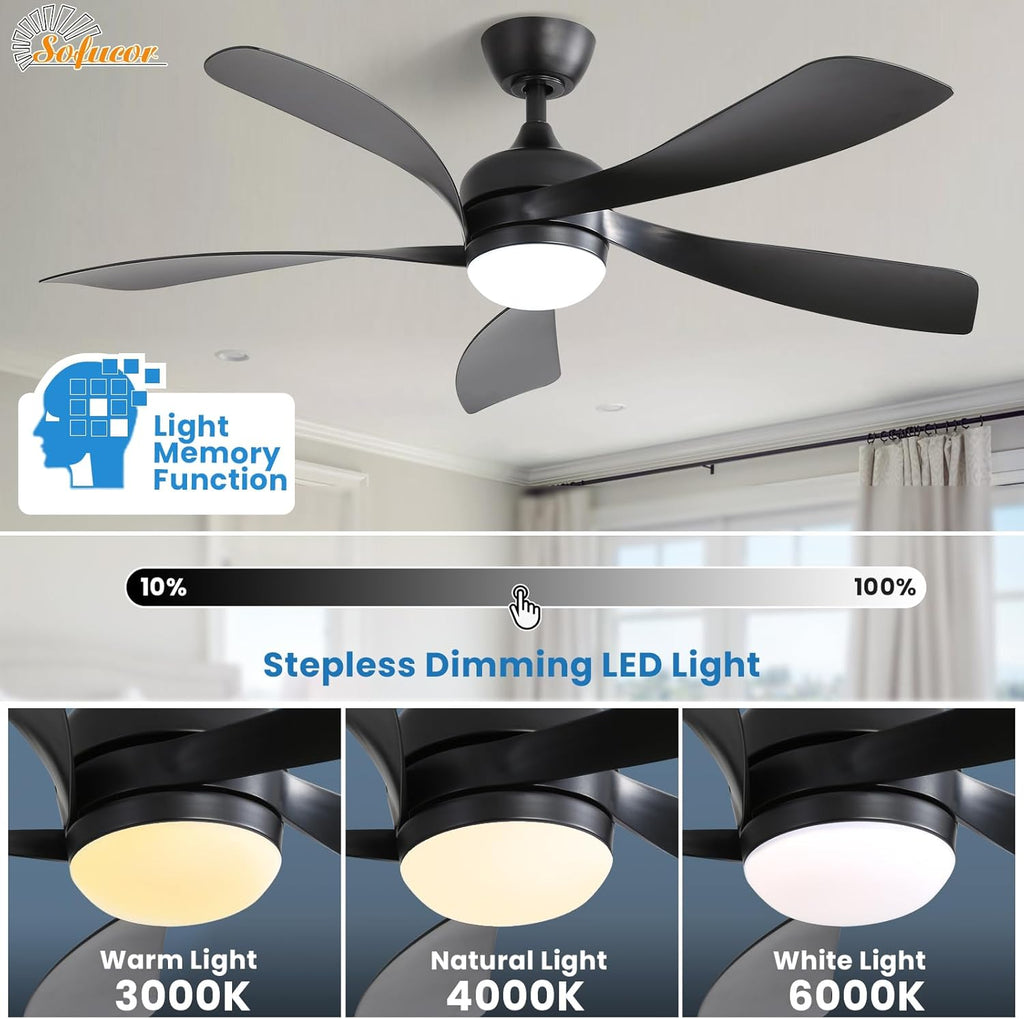 Sofucor 52" Smart Ceiling Fan, Indoor/Outdoor Black Ceiling Fans with Lights and Remote, Works with Alexa/Google/App, 3-Color Light 6-Speed Timing Reversible DC Motor for Bedroom Living Room Patio