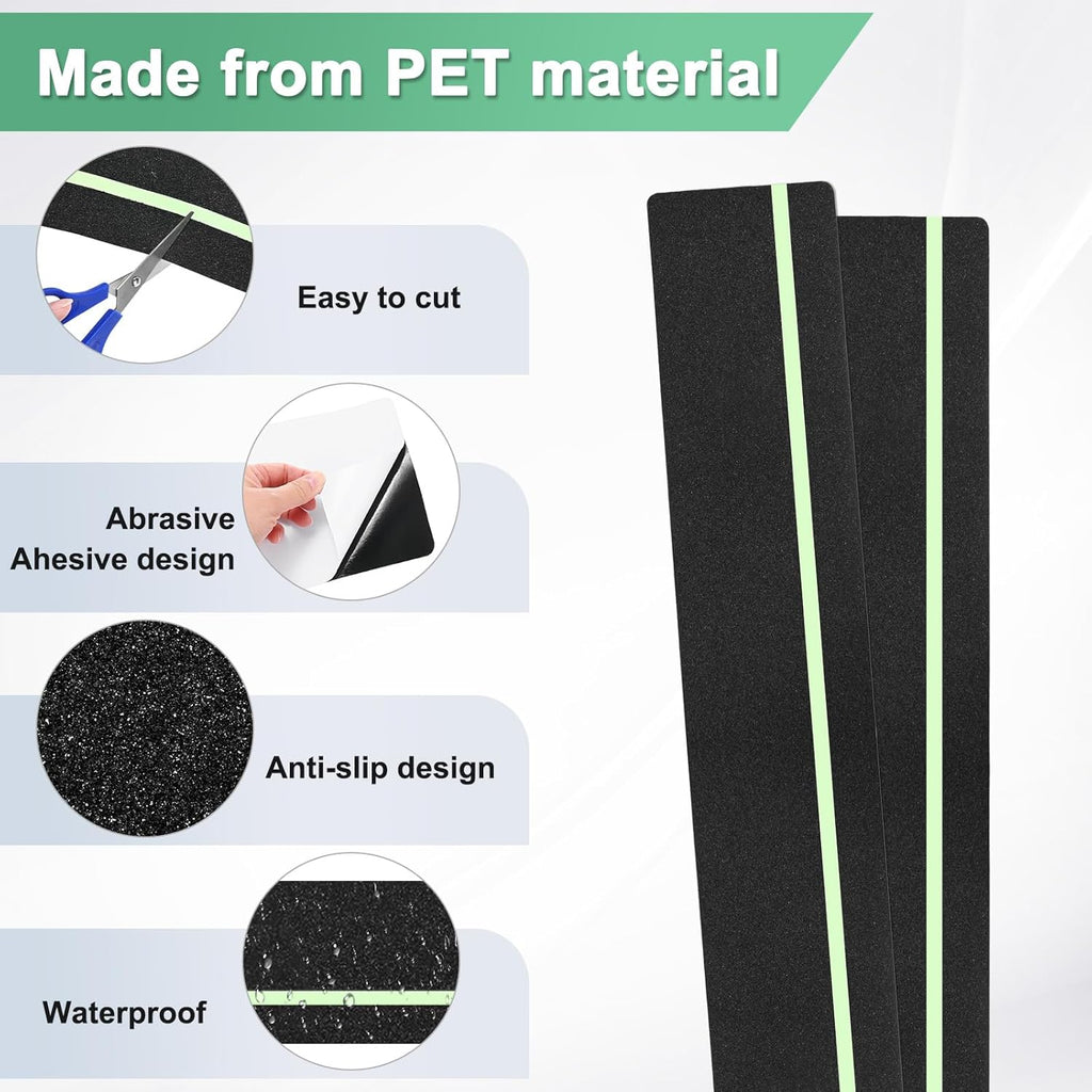 10-Pack Anti Slip Traction Tape 24" x 6" Best Grip Tape Grit with 12mm/0.47" Glow in Dark Stripe High Traction Friction Abrasive Adhesive for Indoor/Outdoor Stairs[Black+Green]
