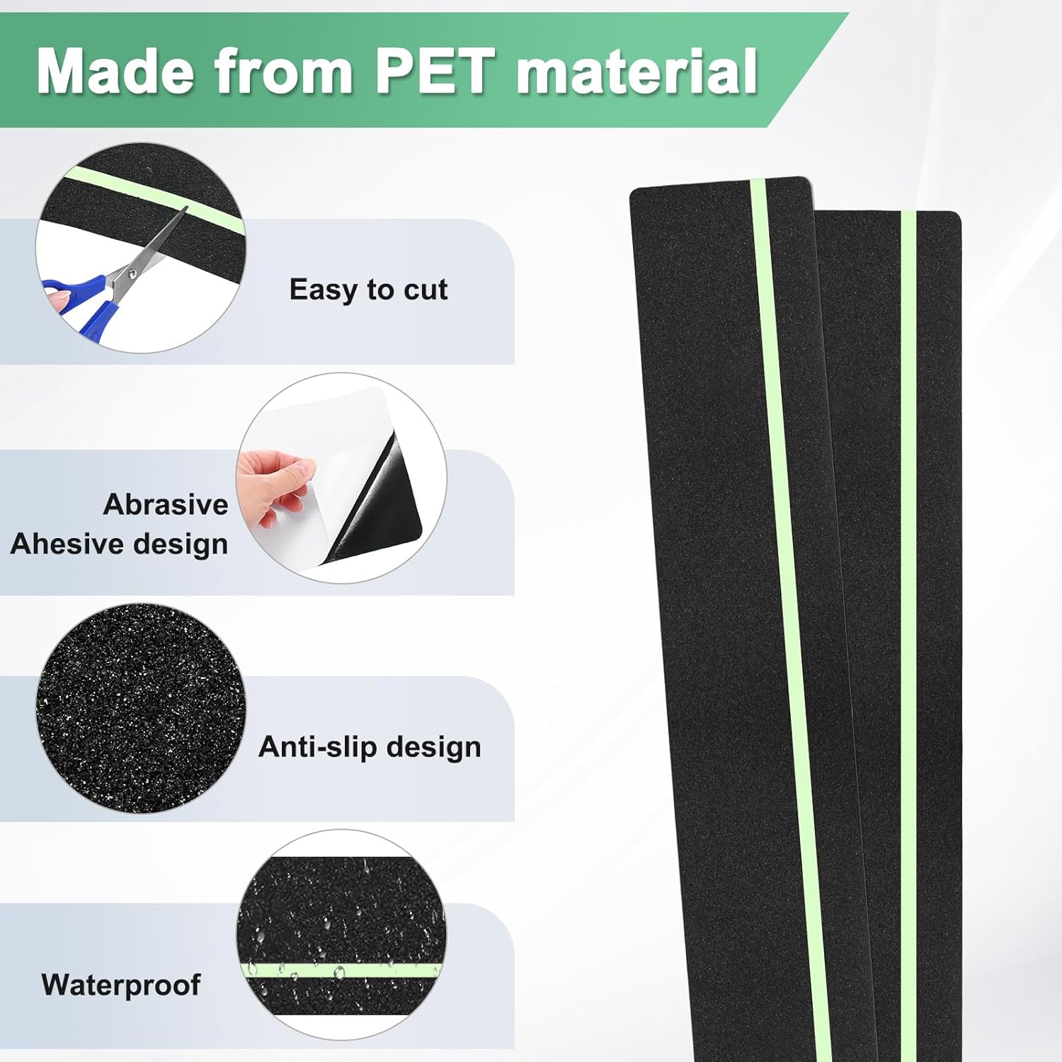 10-Pack Anti Slip Traction Tape 24" x 6" Best Grip Tape Grit with 12mm/0.47" Glow in Dark Stripe High Traction Friction Abrasive Adhesive for Indoor/Outdoor Stairs[Black+Green]