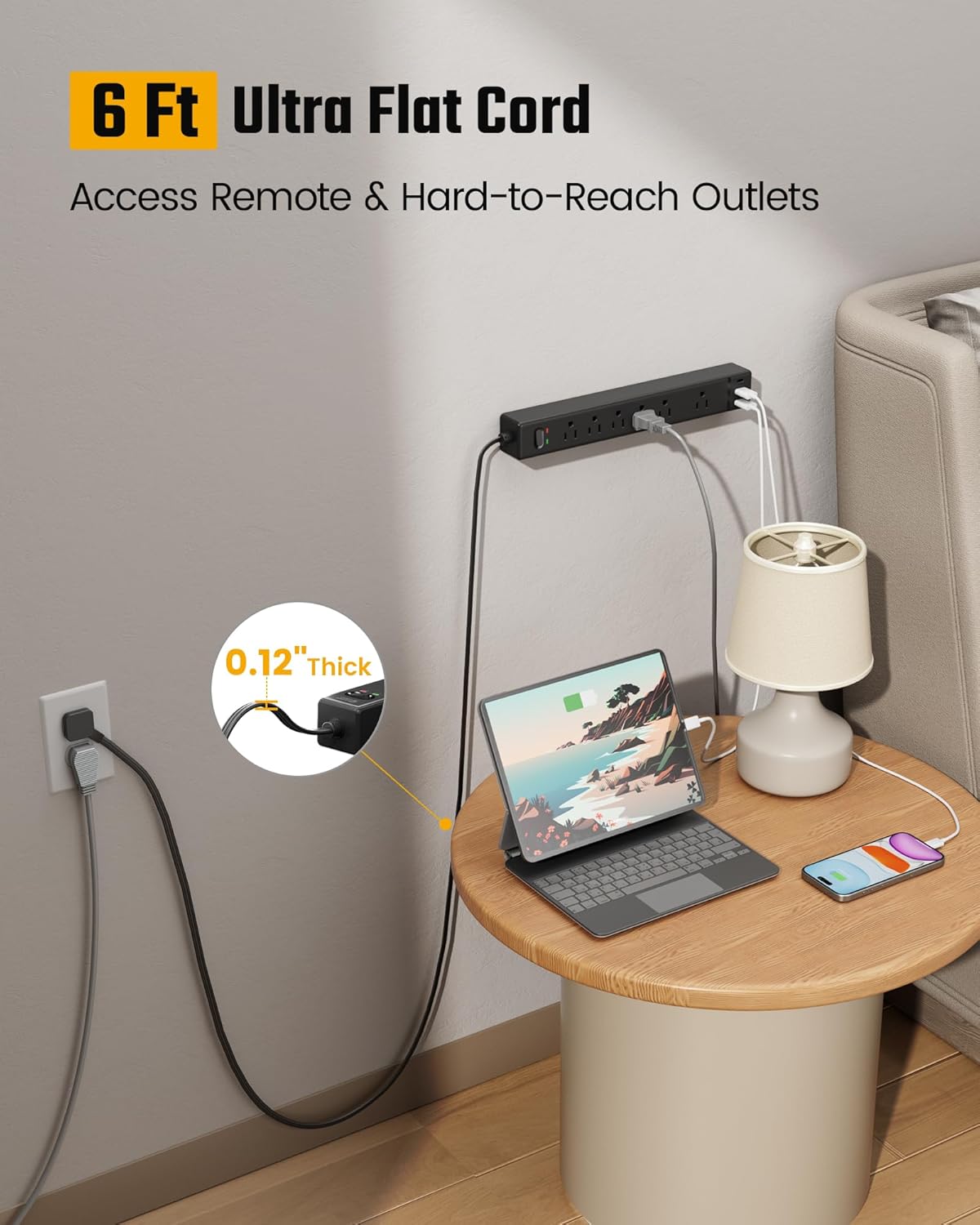 SUPERDANNY Flat Plug Surge Protector Power Strip, 6ft Ultra Thin Extension Cord with 3 USB (1 USB C Port), 6 Outlets Charging Station, Wall Mountable Outlet Extender for Home Office, College Dorm Room