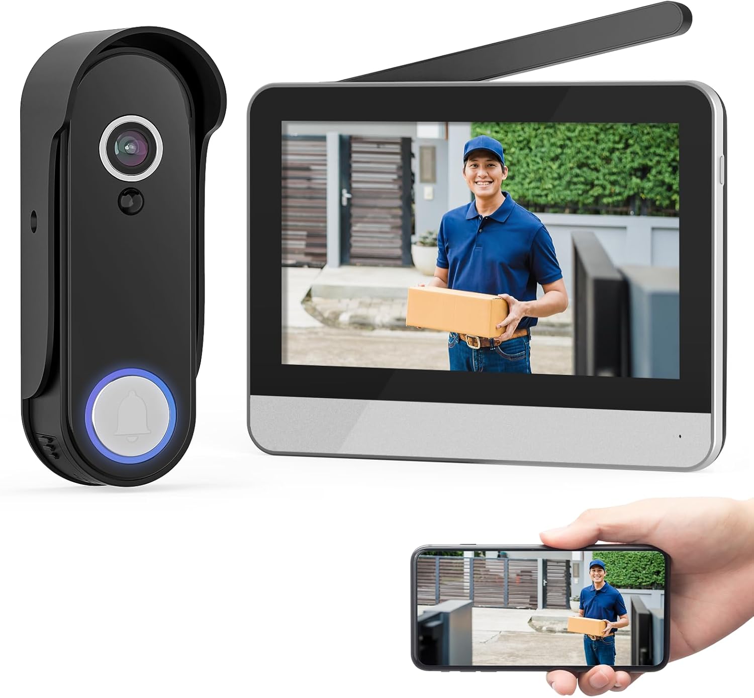 Wireless Video Doorbell Intercom System, Wire Free Doorbell Camera with 7" HD Touch Screen Monitor, No Monthly Fees, 1080 Ultra HD Camera with Motion Detection, NO WiFi