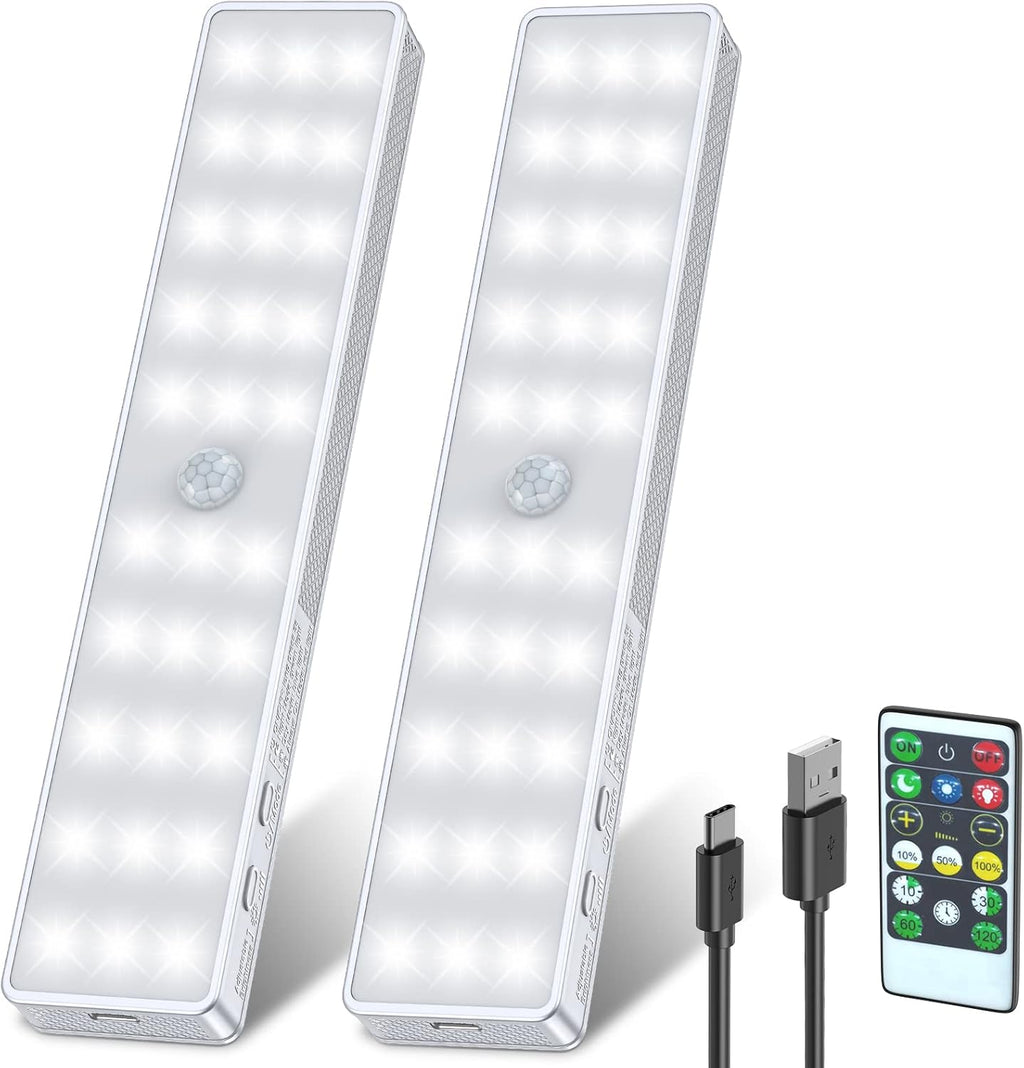 LED Closet Light, 30LEDs Dimmer USB Rechargeable Motion Sensor Light Under Cabinet Lighting, Stick-Anywhere Night Safe Light Bar for Wardrobe,Kitchen-2 Pcs