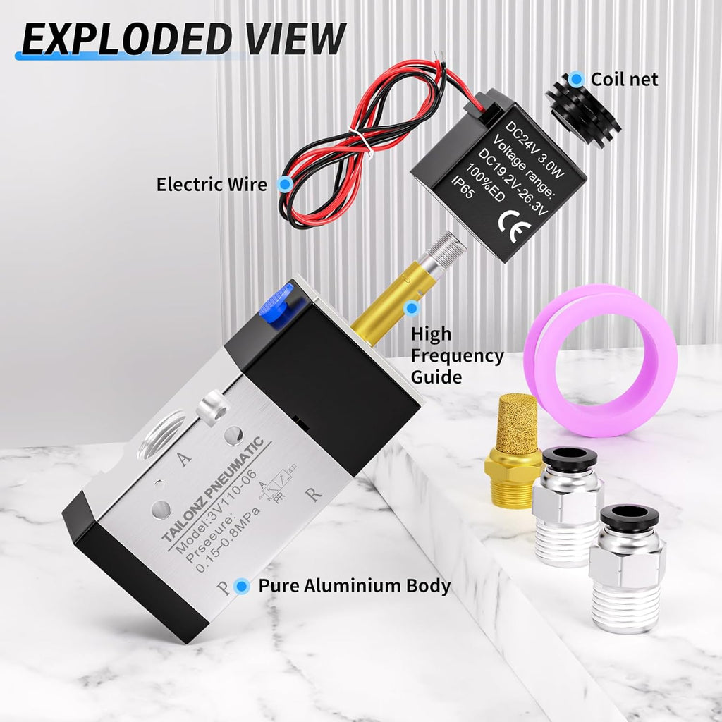 TAILONZ PNEUMATIC 1/8"NPT Solenoid Valve 3V110-06 DC24V Single Coil Pilot-Operated Electric 2 Position 3 Way Connection Type