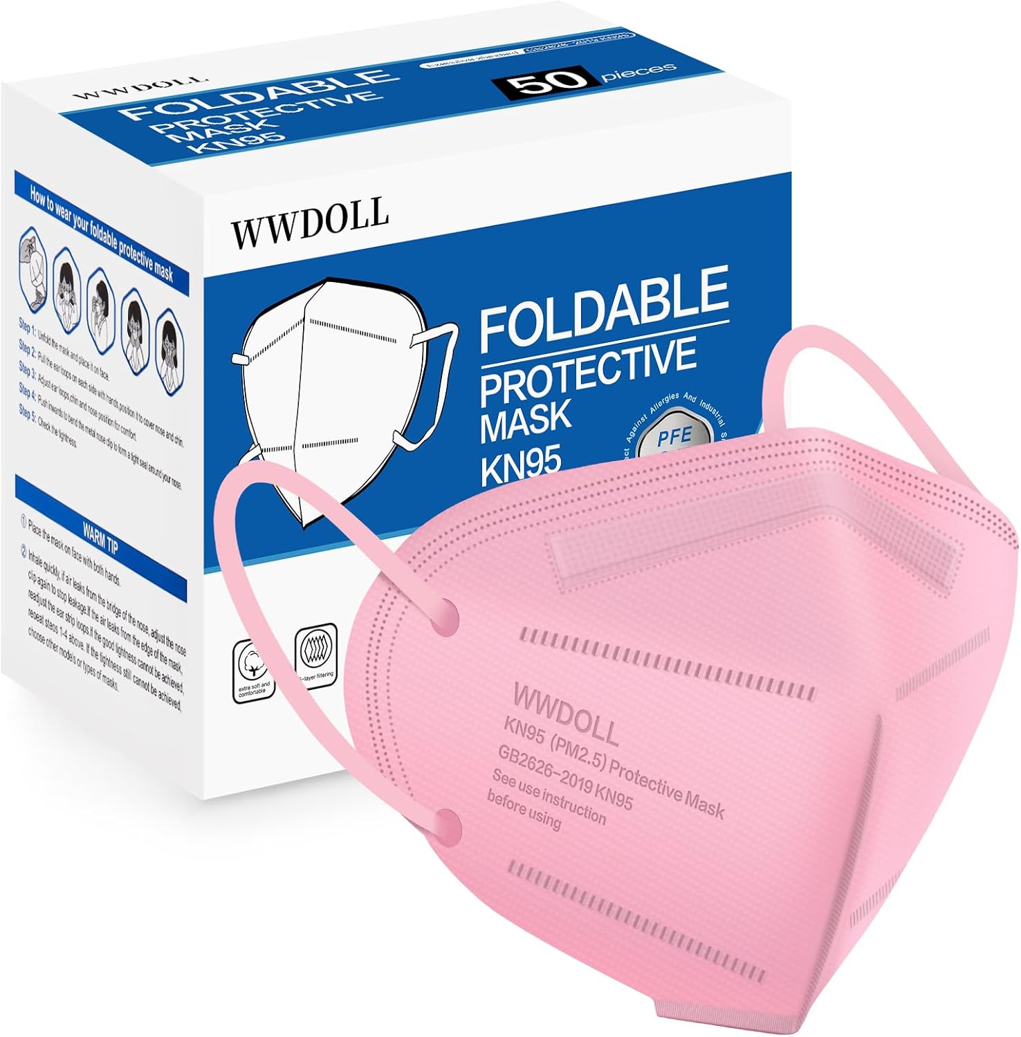 WWDOLL KN95 Face Mask 50 Pack, 5-Layers Breathable KN95 Masks, Pink
