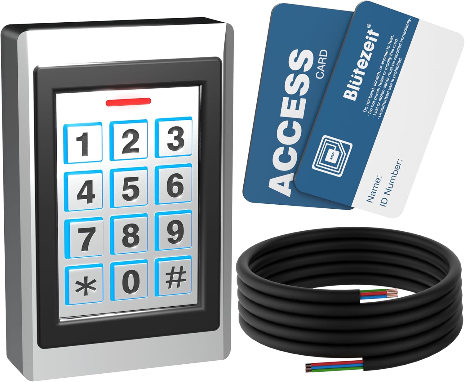Blütezeit Wired Gate Opener Keypad with 2 RFID Cards & 16.4ft Cable, IP67 Waterproof Metal Entry Pad for Garage Door, Gate Motors, 12V DC Supports 2000 Users with PIN Code & Card Access Control System