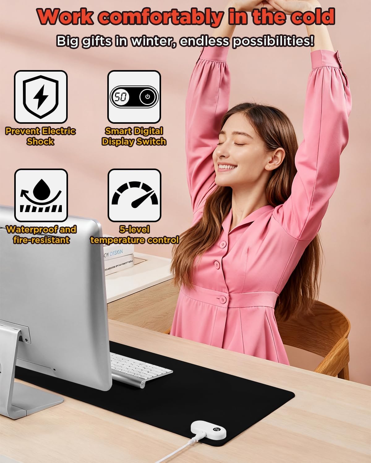 Resen Heated Desk Pad, 31.5x13 Fast Heating Mouse Pad with 5 Temperature Settings, Digital Display, Auto Shut-Off, PVC Leather Surface for Office and Home Use, Energy Efficient & Safe (Black)