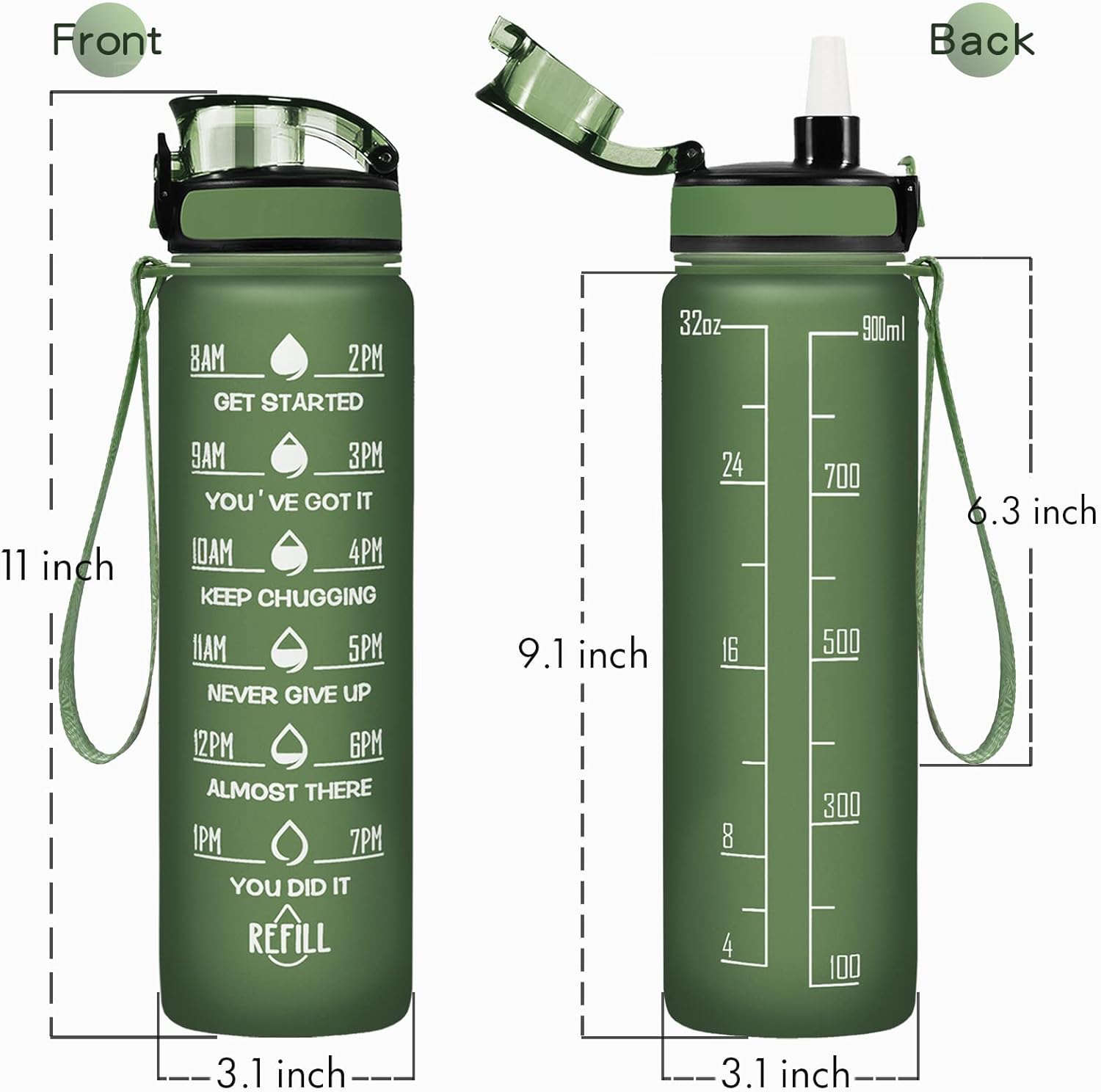 Enerbone Water Bottle, Leakproof BPA & Toxic Free, Motivational Water Bottle with Times to Drink and Straw, Fitness Sports Water Bottle with Strap for Office, Gym, Outdoor Sports