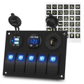 Marine Switch Panel Waterproof 12 Volt 5 Gang Rocker Switch Panel Blue Lighted with Dual USB Socket 4.8A & 12V LED Voltmeter & Cigarette Lighter Socket for Marine Boat Car RV Truck