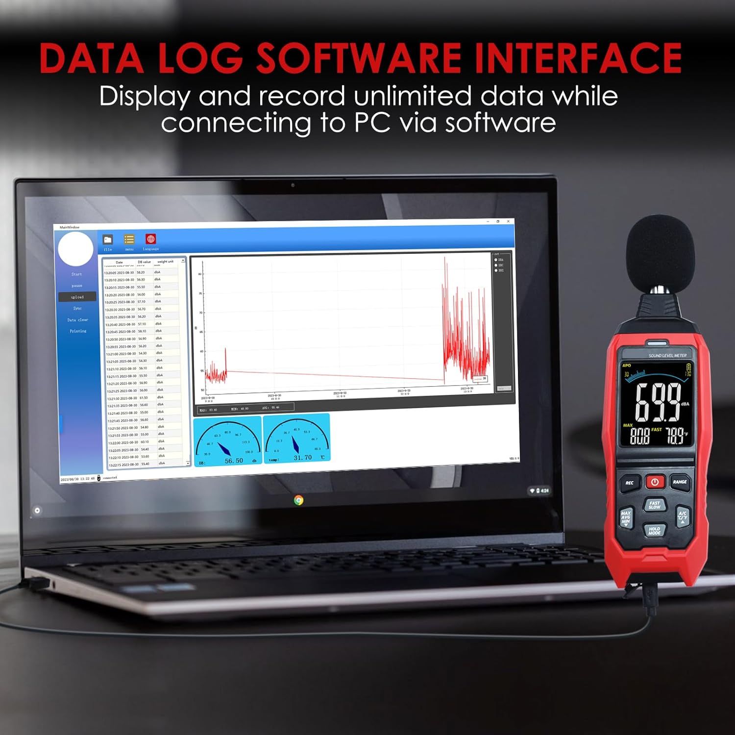 Decibel Meter with Data Logging Sound Decibel Meter Data Logger, 30~130dB Sound Level Meter with Audible Visual Alarm, Sound Meter with Export Data, PC Connection, Temperature, Analog Bar Indicator