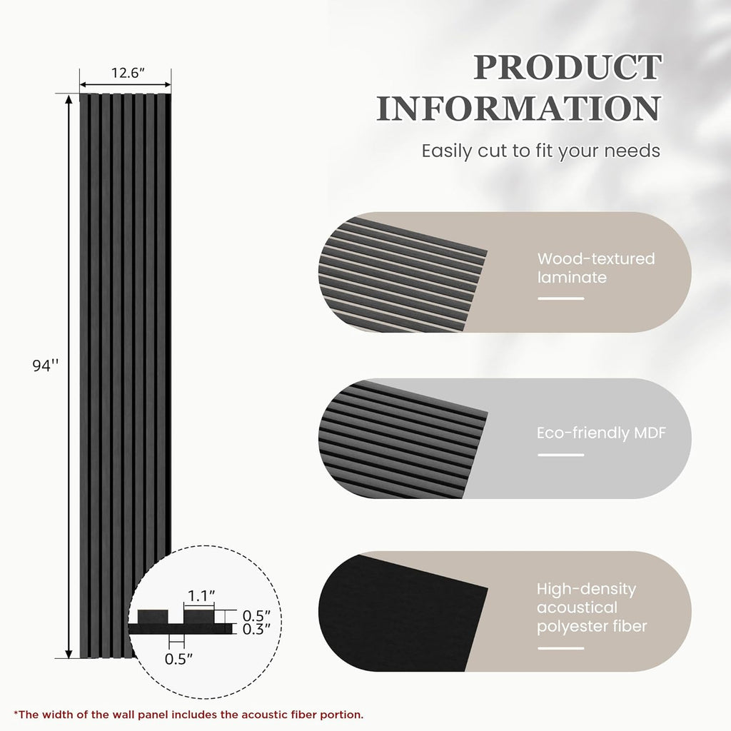 Wood Salt Acoustic Wall Panels, 4 Piece 94" x 12.6" x 0.8" Soundproof Wooden Wall Panels, 3D Fluted Sound Absorbing Panel, Dark Gray