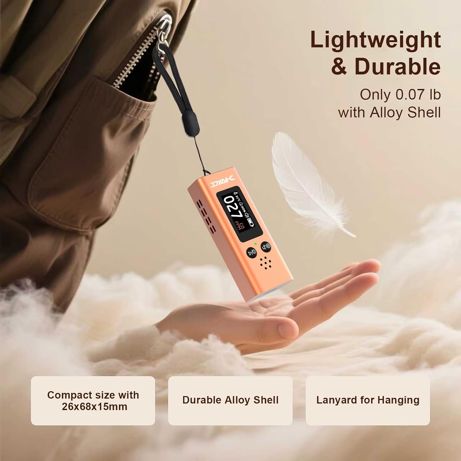 Portable Carbon Monoxide Detector for Travel, 3-in-1 CO Detector with Temperature & Humidity Sensor, Dual Audible & Visual Alarm Camping, RV and Hotel for Safety (Orange)