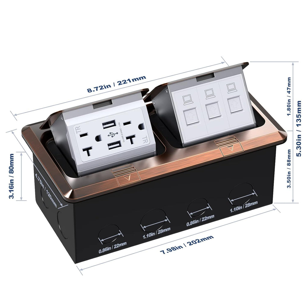 KYHSHJ Dual Pop-Up Floor Electrical Outlet Box Kit，20 Amp Stainless Steel USB TR Receptacle Outlet，3-Port RJ45 Datacom Receptacle， ETL Listed, Bronze