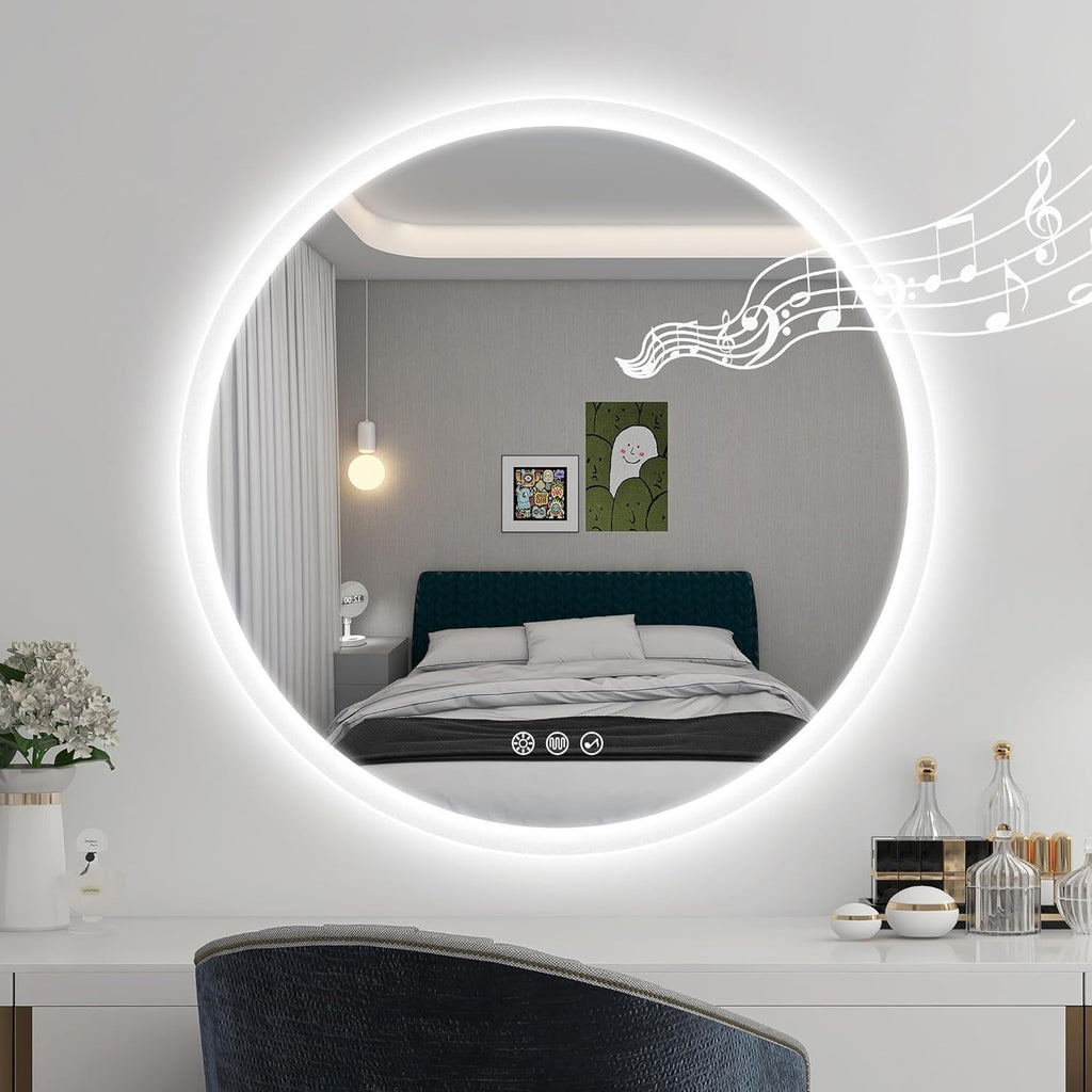 STARLEAD 24" LED-Bathroom-Mirror-with-Lights, Wall-Mounted with Bluetooth Speaker, Anti-Fog, 3 Color Temperature, Dimmable Brightness, Waterproof, Tempered Glass, Frontlit & Backlit, Round