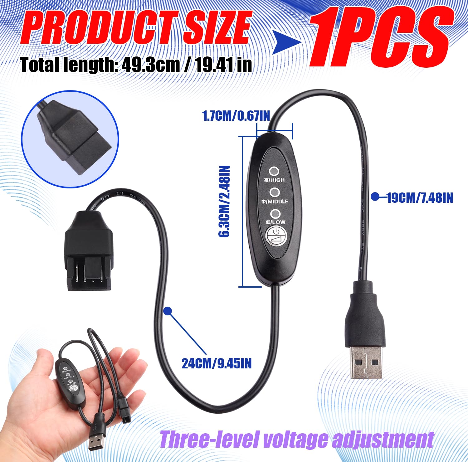 USB Fan Speed Controller, 3 Voltage Settings 5V/7V/9V with LED, 50cm Cable Length, Touch Switch Cycle Control, Black PVC Box, DIY Cooling/Desktop Fan Modification